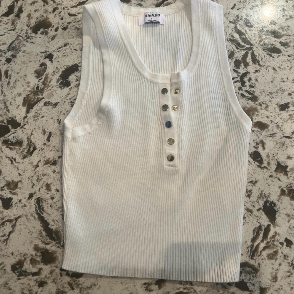 Workshop Republic Clothing White Ribbed Tank with Buttons